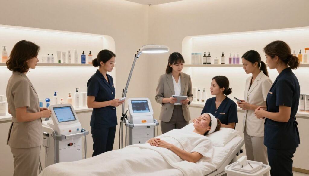 A serene and modern cosmetic clinic, featuring a sleek treatment room filled with professional skincare equipment. In the foreground, a diverse group of meticulously dressed skincare professionals in smart business attire are discussing treatments for post-acne pigmentation. The middle ground showcases a treatment bed with soft, white linens and a gentle facial lamp emitting soft, diffused lighting that gives off a relaxing ambiance. In the background, elegant wall-mounted skincare product displays and soothing, neutral-toned decor create a tranquil atmosphere. The scene is bright and inviting, exuding professionalism and care, while emphasizing the advanced techniques and technology used in skin treatment procedures.