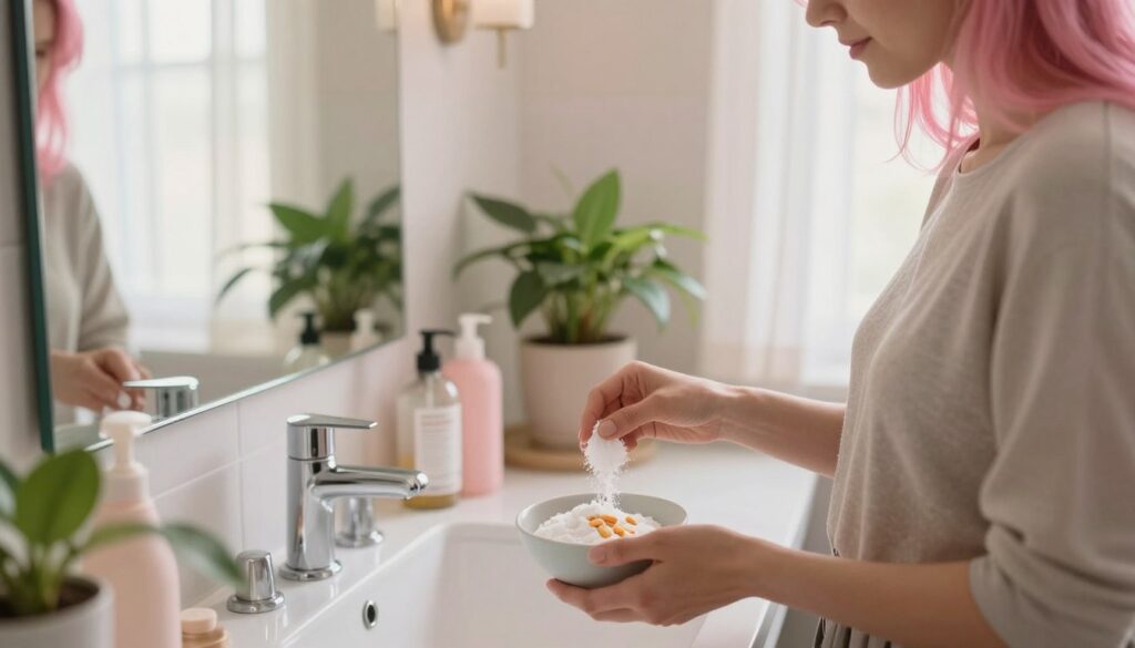 A serene bathroom setting with a large mirror, reflecting the natural light from a window. In the foreground, a professional woman wearing a modest casual outfit is mixing baking soda and crushed vitamin C tablets in a small bowl. Her vibrant pink hair is partially visible, contrasting with the muted pastel colors of the bathroom decor. In the middle ground, various hair care products and a potted plant add a touch of life, while in the background, soft sunlight filters through sheer curtains, creating a warm and inviting glow. The mood is calm and purposeful, emphasizing the transformative process of hair treatment. The image should focus on the act of mixing the ingredients, capturing the essence of DIY hair care. A serene bathroom setting with a large mirror, reflecting the natural light from a window. In the foreground, a professional woman wearing a modest casual outfit is mixing baking soda and crushed vitamin C tablets in a small bowl. Her vibrant pink hair is partially visible, contrasting with the muted pastel colors of the bathroom decor. In the middle ground, various hair care products and a potted plant add a touch of life, while in the background, soft sunlight filters through sheer curtains, creating a warm and inviting glow. The mood is calm and purposeful, emphasizing the transformative process of hair treatment. The image should focus on the act of mixing the ingredients, capturing the essence of DIY hair care.