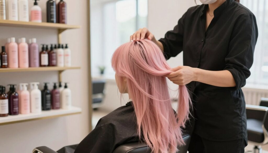 A serene, inviting salon setting focused on haircare after decolorization treatments. In the foreground, a professional hair stylist, dressed in smart casual attire, is gently applying a nourishing hair mask to long, slightly damaged, pastel-pink hair. The stylist's hands are delicately handling the hair, emphasizing care and attention. In the middle, elegant shelves filled with various hair products, including conditioners and serums, align against a light-colored wall. In the background, soft, natural light streams through large windows adorned with sheer curtains, creating a warm and calming atmosphere. The overall mood is one of tranquility and rejuvenation, promoting healthy hair maintenance post-treatment. The image captures the essence of haircare, emphasizing safety and professionalism in hair treatments. A serene, inviting salon setting focused on haircare after decolorization treatments. In the foreground, a professional hair stylist, dressed in smart casual attire, is gently applying a nourishing hair mask to long, slightly damaged, pastel-pink hair. The stylist's hands are delicately handling the hair, emphasizing care and attention. In the middle, elegant shelves filled with various hair products, including conditioners and serums, align against a light-colored wall. In the background, soft, natural light streams through large windows adorned with sheer curtains, creating a warm and calming atmosphere. The overall mood is one of tranquility and rejuvenation, promoting healthy hair maintenance post-treatment. The image captures the essence of haircare, emphasizing safety and professionalism in hair treatments.