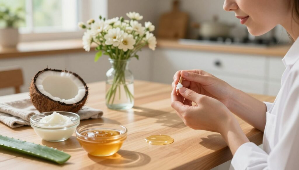 A soothing, homely setting focused on natural remedies for cracked lips. The foreground features a wooden table with an array of DIY ingredients like coconut oil, honey, and aloe vera, neatly arranged in small glass bowls. A delicate hand, depicted in a professional but casual outfit, gently applies a hydrating balm to the lips. In the middle, a fresh flower vase adds warmth, and a soft cloth lays nearby, hinting at care and rejuvenation. The background showcases a sunlit kitchen with greenery visible through the window, creating a serene and inviting atmosphere. Soft, natural lighting illuminates the scene, casting gentle shadows, enhancing the feeling of comfort and relaxation. Capture this moment from a slightly elevated angle for an intimate perspective.
