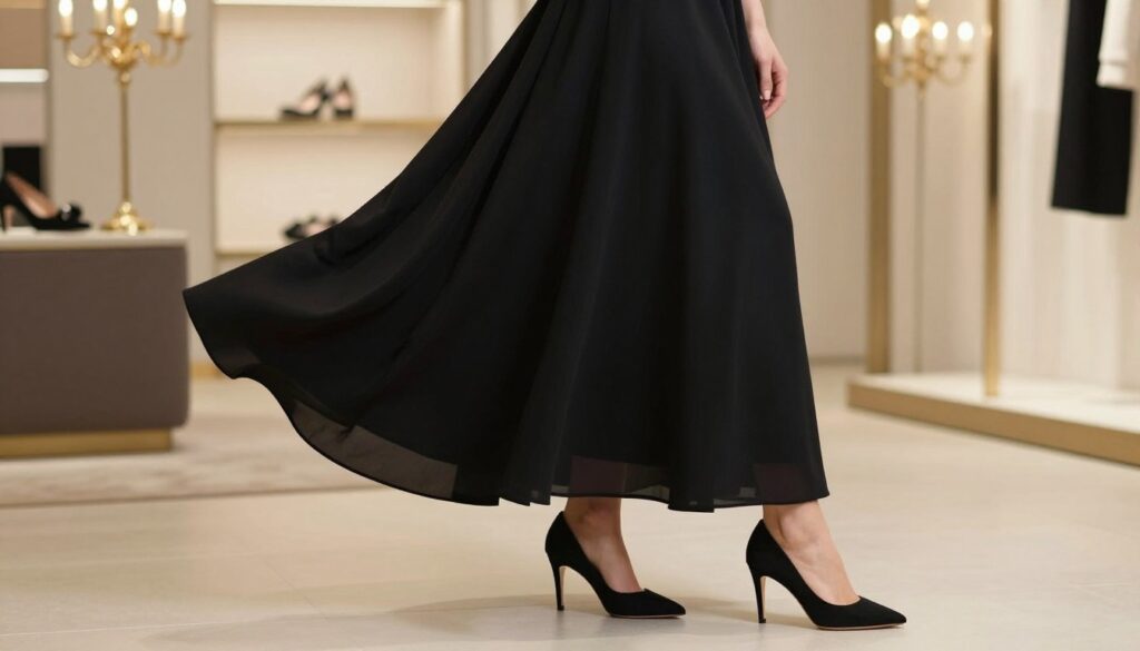A sophisticated image featuring a model gracefully wearing an elegant black dress that flows to the floor, shot in a soft, diffused lighting to highlight the fabric's textures. The model is styled in modest, fashionable high heels, showcasing a perfect match with the dress, enhancing the overall elegance. The foreground focuses on the model, captured in a three-quarter angle to emphasize the dress's silhouette and the shoes. In the middle, an elegantly decorated indoor setting, possibly a chic boutique or a classy event venue, sets the scene with subtle decor. The background features softly blurred elements, like stylish chandeliers or neutral-toned walls, maintaining the focus on the attire. The mood is refined and timeless, embodying sophistication and style, ideal for conveying elegance in footwear choices.