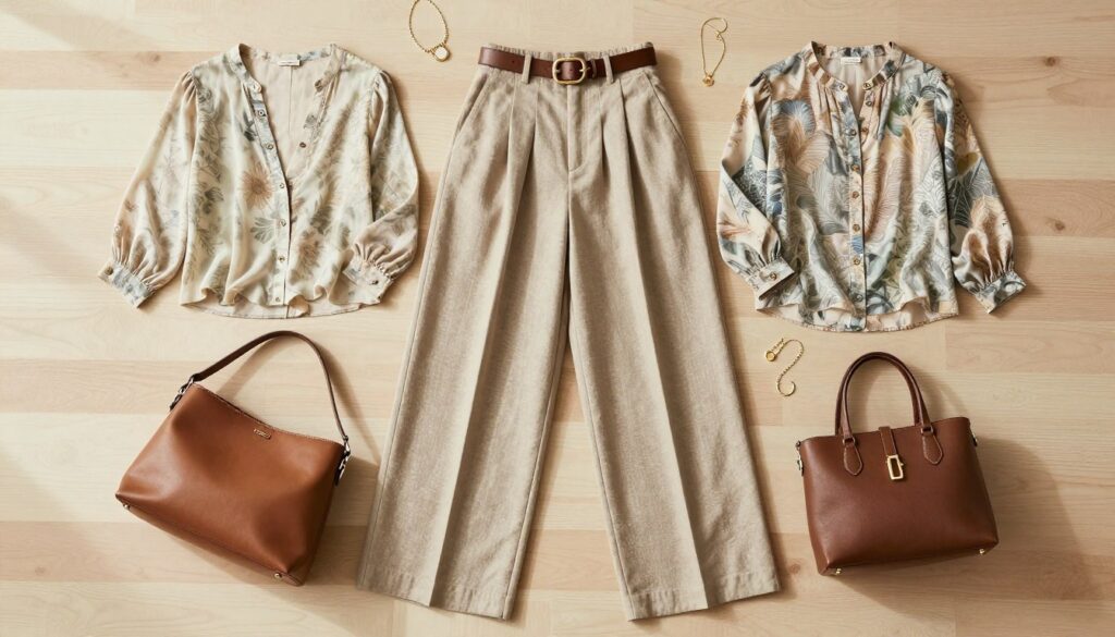 A stylish and elegant flat lay composition featuring wide-legged pants made from a soft, textured fabric, emphasizing the importance of materials in fashion. The pants should be paired with a harmonious selection of blouses in complementary colors and patterns, incorporating a mix of textures like cotton, silk, and linen. Arrange the outfit with accessories such as a belt, a handbag, and delicate jewelry, casting gentle shadows on a light wooden background. Utilize natural lighting to create a warm and inviting mood, with a soft focus effect to enhance the fabric details. This visual should convey a sense of contemporary fashion trends in a polished and professional manner.