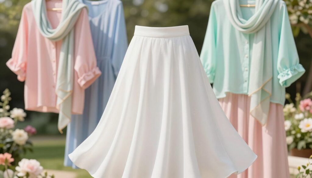 A stylish and elegant white skirt displayed prominently in the foreground, showcasing its flowing fabric and intricate details. Surrounding the skirt are vibrant and harmonious color palettes of summer blouses, in shades of pastel pink, soft blue, and delicate mint green. The blouses are elegantly draped and paired with accessories like light scarves and subtle jewelry, reflecting contemporary summer fashion. In the background, a soft focus captures a sunlit outdoor garden setting with blooming flowers, enhancing the fresh and airy atmosphere of a warm summer day. The lighting is warm and natural, highlighting the textures of the fabrics, while a shallow depth of field adds depth to the composition, creating an inviting and trendy styling concept for outfits centered around a white skirt.