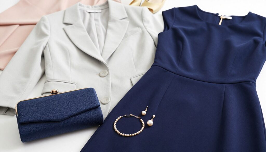 A stylish composition featuring elegant accessories paired with a deep navy blue dress. In the foreground, showcase a sophisticated clutch purse in a contrasting color, adorned with subtle embellishments. Add delicately crafted jewelry like pearl earrings and a matching bracelet. In the middle ground, place a tailored blazer that complements the dress, possibly in light gray or soft cream, adding a touch of professionalism. In the background, softly blurred, include neutral or pastel-colored fabrics that hint at additional outfit elements to enhance the overall look. The lighting is bright and flattering, creating a polished atmosphere, with a focus on elegance and professionalism, suitable for both office and formal occasions. Capture the scene from a slightly elevated angle, providing an engaging perspective on the accessories.
