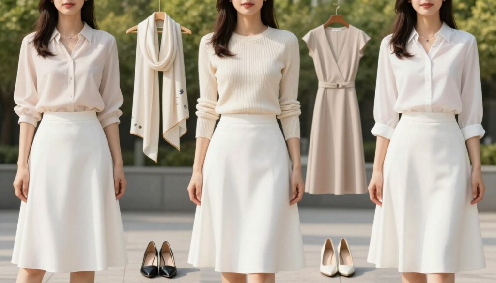 A stylish display of various outfits featuring a white skirt suitable for all seasons. In the foreground, showcase three fashionable women, each wearing a different blouse paired with a white skirt: one with a light summer blouse, another in a long-sleeve knit top for fall, and the last in a smart-casual button-up for spring. The middle ground includes accessories like lightweight scarves and elegant shoes that harmonize with each outfit. In the background, a softly blurred outdoor setting reflects a sunny day with green trees, embodying a vibrant and fresh mood. Use natural lighting to create a warm atmosphere, capturing the essence of versatile, modern fashion. Angle the shot to highlight the outfits while maintaining a balanced composition.