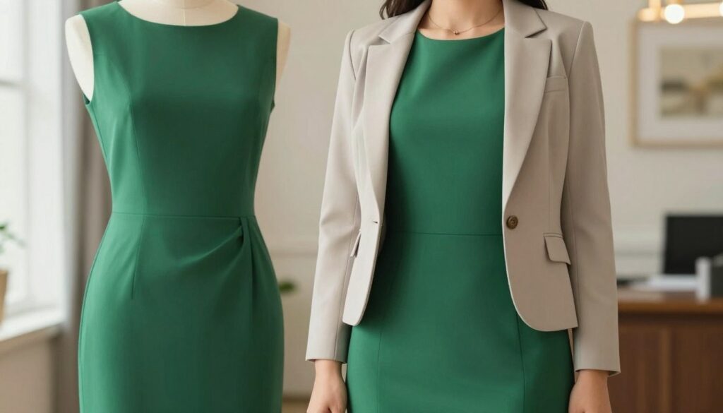A stylish green dress paired with a tailored blazer, elegantly accentuating the outfit's charm. In the foreground, the dress features a fitted silhouette with soft, flowing fabric, while the blazer showcases a complementary color, perhaps a soft beige or light gray. The middle ground captures a polished individual standing confidently, their posture refined and professional, wearing chic, modest accessories. Natural light softly illuminates the scene, creating a warm and inviting atmosphere. The background may include a subtle hint of a stylish office or a tasteful event space, enhancing the overall elegance of the look. The composition focuses on the harmonious blend of professional and casual styles, perfectly suited for weddings, work, or everyday wear. A stylish green dress paired with a tailored blazer, elegantly accentuating the outfit's charm. In the foreground, the dress features a fitted silhouette with soft, flowing fabric, while the blazer showcases a complementary color, perhaps a soft beige or light gray. The middle ground captures a polished individual standing confidently, their posture refined and professional, wearing chic, modest accessories. Natural light softly illuminates the scene, creating a warm and inviting atmosphere. The background may include a subtle hint of a stylish office or a tasteful event space, enhancing the overall elegance of the look. The composition focuses on the harmonious blend of professional and casual styles, perfectly suited for weddings, work, or everyday wear.