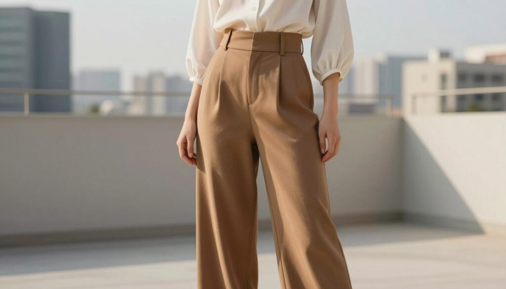A stylish image of wide-leg trousers with a high waist, showcased against a minimalist urban backdrop. In the foreground, a confident model wearing a chic blouse that elegantly complements the trousers, striking a pose that highlights the harmonious proportions and flow of both garments. Soft, natural lighting creates a warm and inviting atmosphere, with the sun gently illuminating the fabric textures and colors. The middle ground should feature a modern cityscape, subtly blurred to keep the focus on the outfit while adding context. Utilize a medium focal length to provide a flattering perspective that enhances the silhouette of the trousers. The overall mood is fashionable and contemporary, ideal for illustrating key style tips for various body types.