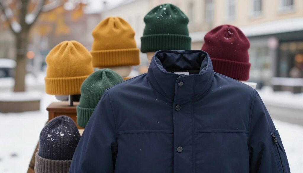 A stylish navy blue jacket displayed prominently in the foreground, featuring a modern cut and clean lines, with its fabric texture well-defined and catching soft, diffused winter sunlight. In the middle ground, a selection of stylish winter hats in various complementary colors—mustard yellow, deep green, and burgundy—arranged artistically to showcase potential pairings with the jacket. The background features a serene urban environment, lightly dusted with snow, hinting at a chilly autumn day. The atmosphere is warm and inviting, with a sense of cozy winter fashion. The shot is taken from a slightly elevated angle to highlight the jacket and accessories, with a shallow depth of field to create a smooth, soft bokeh effect in the backdrop.