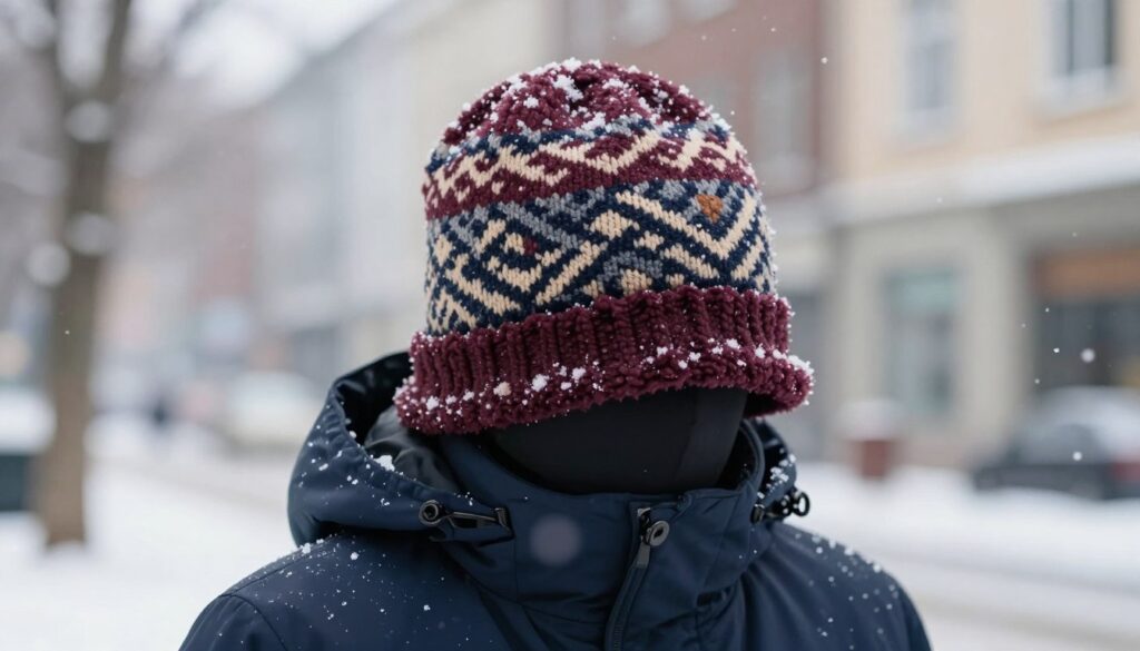 A stylish navy blue jacket with a cozy, textured winter hat displayed prominently in the foreground, emphasizing the harmony of colors. The hat features intricate patterns in colors that complement navy, such as deep burgundy, soft beige, and muted gray. In the background, a softly blurred urban winter scene showcases gently falling snowflakes, casting a serene, chilly atmosphere. The lighting is soft and diffused, mimicking natural daylight, highlighting the fabric's textures and the hat's cozy appearance. The camera angle is slightly above eye level, focusing on the hat perched atop the jacket, conveying a sense of warmth and fashion appropriate for autumn and winter. The overall mood is inviting, suggesting comfort and style for colder weather without any distraction from text or signatures.