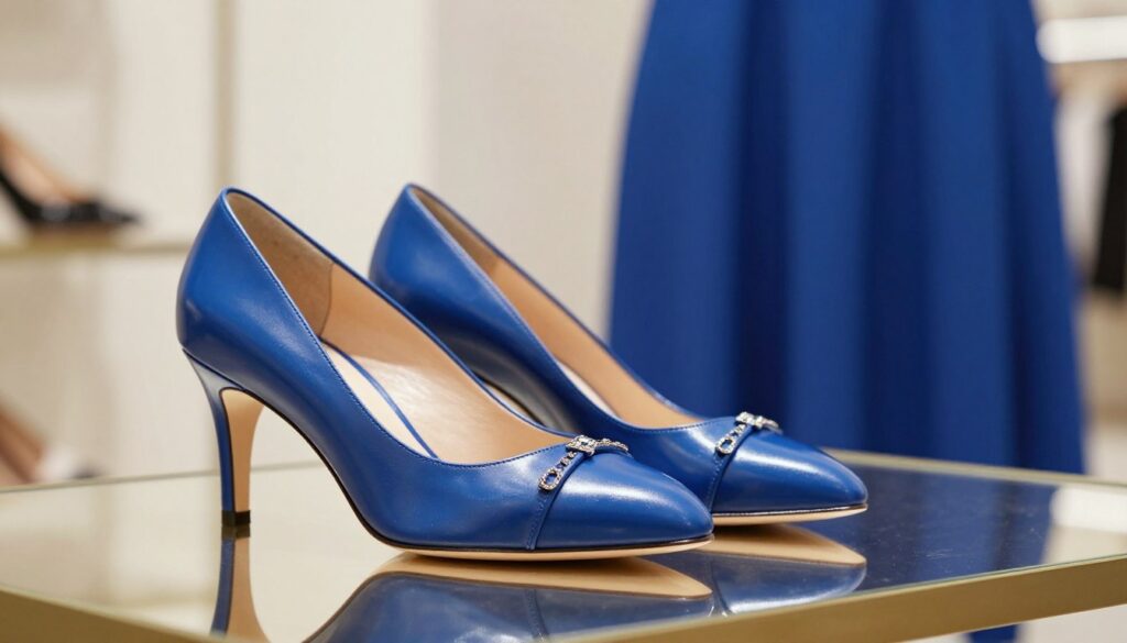 A stylish pair of elegant blue dress shoes, designed to complement a striking blue dress, showcasing a subtle yet sophisticated high heel. The shoes should feature a smooth patent leather finish and delicate embellishments, positioned gracefully on a reflective surface to highlight their design. In the background, a soft-focus, light-colored setting that evokes a warm, inviting atmosphere, reminiscent of a chic fashion boutique. Natural, diffused lighting enhances the details of the shoes and creates gentle shadows, while a slightly elevated angle captures the shoes' profile. The overall mood should be one of refined elegance, perfect for pairing with a fashionable blue dress, illustrating the harmony of style and sophistication.