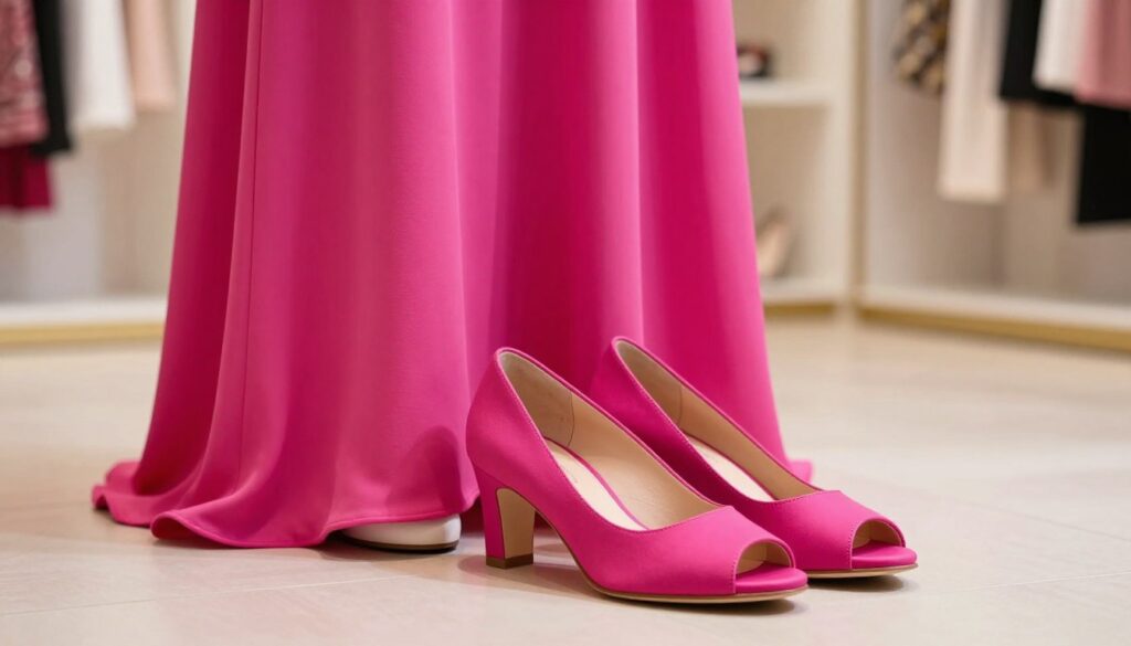 A stylish pair of elegant shoes designed to complement a vibrant fuchsia dress. In the foreground, focus on a chic, comfortable pair of shoes, perhaps peep-toe heels or flat sandals, crafted from quality materials with a sleek finish. In the middle ground, position the fuchsia dress elegantly draped on a mannequin or hanging, showcasing its bold color and flowing fabric. The background features a soft, blurred indoor setting, like a fashionable boutique or a light-filled room, with warm, inviting lighting that highlights the color contrast between the shoes and the dress. The atmosphere conveys a sense of effortless style and everyday elegance, appealing to those seeking comfortable yet fashionable options. The image should evoke a cheerful and stylish mood. A stylish pair of elegant shoes designed to complement a vibrant fuchsia dress. In the foreground, focus on a chic, comfortable pair of shoes, perhaps peep-toe heels or flat sandals, crafted from quality materials with a sleek finish. In the middle ground, position the fuchsia dress elegantly draped on a mannequin or hanging, showcasing its bold color and flowing fabric. The background features a soft, blurred indoor setting, like a fashionable boutique or a light-filled room, with warm, inviting lighting that highlights the color contrast between the shoes and the dress. The atmosphere conveys a sense of effortless style and everyday elegance, appealing to those seeking comfortable yet fashionable options. The image should evoke a cheerful and stylish mood.