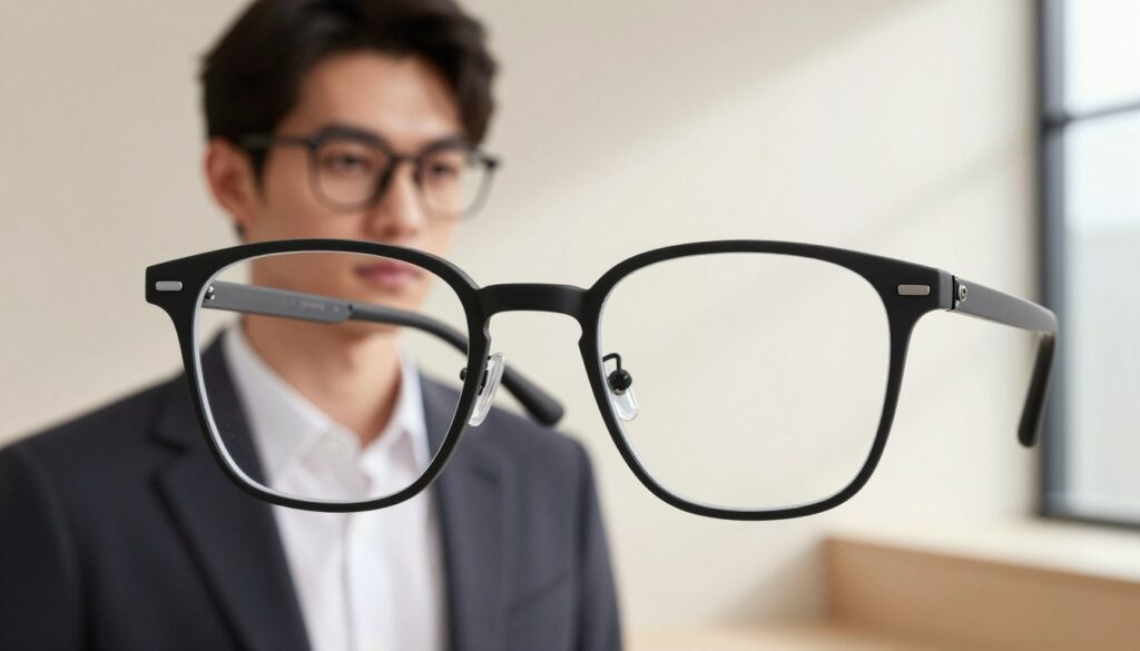 A stylish pair of rectangular eyeglass frames designed for a round face, prominently displayed in the foreground. The frames should have a sleek, modern look with clean lines and a matte black finish, accentuating their geometry. In the middle ground, softly blurred, showcase a well-lit model wearing the glasses, exuding confidence in business attire—perhaps a tailored blazer and a crisp shirt. The background should feature a minimalist, contemporary setting with soft, natural lighting coming from a window, creating a warm and inviting atmosphere. Capture the mood of sophistication and elegance, focusing on how these frames beautifully enhance the facial shape, offering a flattering contrast. A stylish pair of rectangular eyeglass frames designed for a round face, prominently displayed in the foreground. The frames should have a sleek, modern look with clean lines and a matte black finish, accentuating their geometry. In the middle ground, softly blurred, showcase a well-lit model wearing the glasses, exuding confidence in business attire—perhaps a tailored blazer and a crisp shirt. The background should feature a minimalist, contemporary setting with soft, natural lighting coming from a window, creating a warm and inviting atmosphere. Capture the mood of sophistication and elegance, focusing on how these frames beautifully enhance the facial shape, offering a flattering contrast.