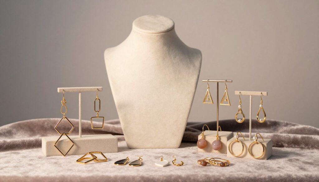 A stylish selection of earrings harmonizing with individual fashion choices, displayed elegantly on a soft velvet background. In the foreground, a variety of earring designs are showcased, including geometric shapes, delicate hoops, and dangling styles, all arranged artistically. In the middle, a softly-lit mannequin wearing a chic outfit complements the earrings, conveying a sense of personal style. The background features a subtle gradient, enhancing the focus on the jewelry while adding depth to the scene. Soft, diffused lighting highlights the intricate details of the earrings, creating a warm and inviting atmosphere. This image embodies the essence of personal style and occasion, inviting viewers to explore the art of earring selection for different looks.