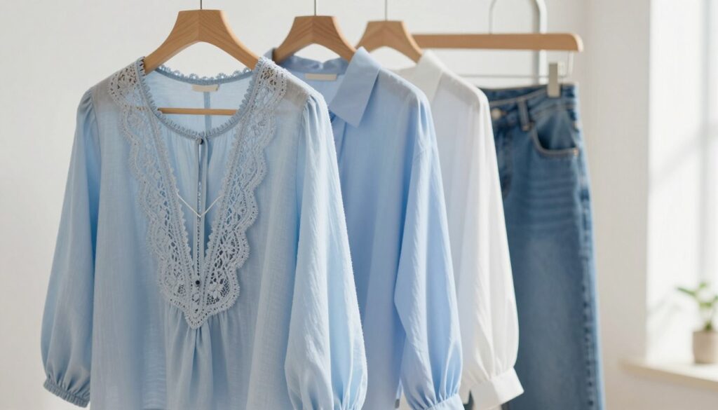 A stylishly arranged scene featuring a selection of blouses in soft shades of light blue, elegantly displayed on hangers against a neutral, softly blurred background. The foreground should showcase a beautifully draped blouse with delicate lace detailing, paired with a lighter denim skirt. Natural lighting flows in from the right, casting gentle shadows to create depth and highlight the textures of the fabrics. Use a shallow depth of field to keep the focus on the blouses while subtly blurring the background. The atmosphere should feel fresh and inviting, evoking a sense of spring fashion, perfect for complementing a blue skirt. The overall color palette should be harmonious, emphasizing light blues and crisp whites to enhance the airy feel.