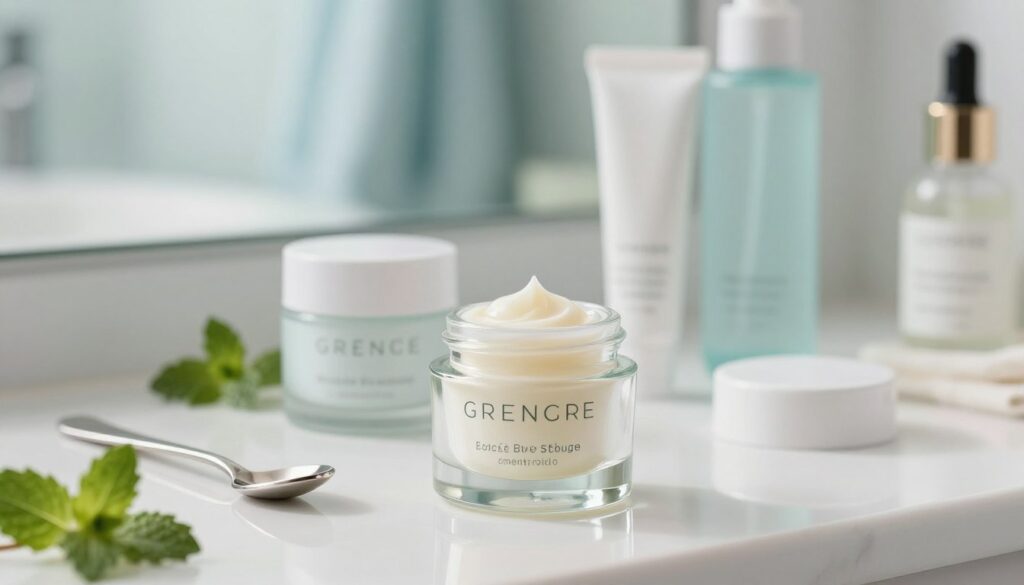A visually appealing arrangement of eye cream products on a sleek bathroom countertop, showcasing various elegant jars and tubes of eye cream with soothing textures. The foreground features a close-up of a stylish glass jar filled with creamy eye product, reflecting soft, natural light. The middle layer includes a delicate silver spoon for precise application, with a hint of mint leaves to suggest freshness. In the background, a sleek mirror subtly reflects a soft-focus view of a serene bathroom environment adorned with calming colors, like light blues and whites. The overall mood is tranquil and inviting, emphasizing the importance of cool storage for skincare products. Use soft, diffused lighting to create a peaceful ambiance that highlights the effectiveness of well-preserved cosmetics. A visually appealing arrangement of eye cream products on a sleek bathroom countertop, showcasing various elegant jars and tubes of eye cream with soothing textures. The foreground features a close-up of a stylish glass jar filled with creamy eye product, reflecting soft, natural light. The middle layer includes a delicate silver spoon for precise application, with a hint of mint leaves to suggest freshness. In the background, a sleek mirror subtly reflects a soft-focus view of a serene bathroom environment adorned with calming colors, like light blues and whites. The overall mood is tranquil and inviting, emphasizing the importance of cool storage for skincare products. Use soft, diffused lighting to create a peaceful ambiance that highlights the effectiveness of well-preserved cosmetics.