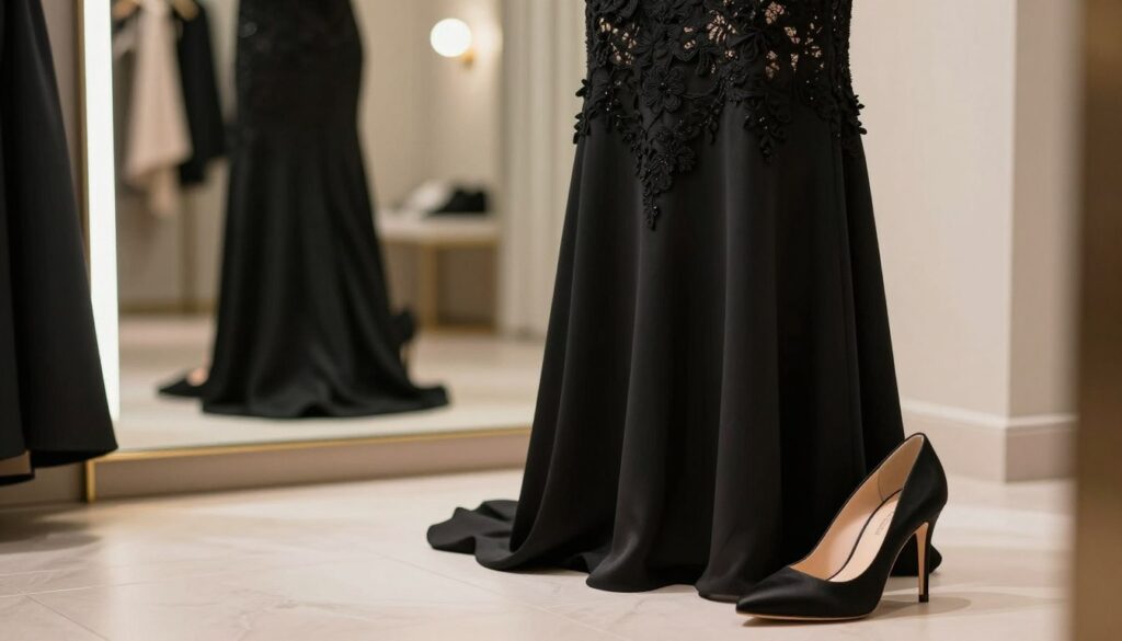 An elegant black dress displayed prominently in the foreground, adorned with subtle lace detailing and flowing fabric that accentuates its timeless style. Classic black stilettos gracefully positioned next to the dress, showcasing their sleek silhouette and polished finish. In the middle ground, a softly blurred dressing room setting with warm, inviting lighting creates a refined atmosphere, reflecting luxury and sophistication. The background features a muted color palette, enhancing the focus on the dress and shoes. The entire scene is captured from a slightly elevated angle, emphasizing the elegant lines of the dress and the graceful curvature of the heels. The mood is one of elegance and refinement, perfect for a sophisticated fashion context.